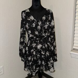 B Darlin Ruffled-Hem Faux-Wrap A-Line Dress Long Sleeve Black Floral Women's 7/8